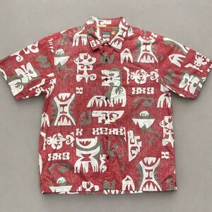 Quiksilver Casual Hawaiian Button Front Red White Shirt Cotton Men's Size XL